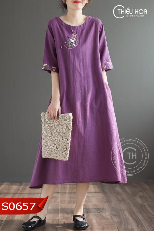 Đầm nữ trung niên chất liệu linen cao cấp co dãn tốt dáng suông đơn giản trang nhã cực dễ mặc S0657 Thời trang Thiều Hoa