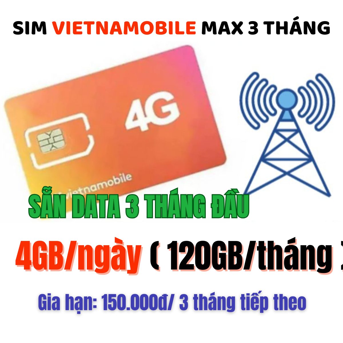 ( Trọn Gói 3 Tháng ) Sim 4G Vietnamobile Tặng 4GB/ngày ( 120GB/tháng ) - Không cần Nạp Tiền | FREESH