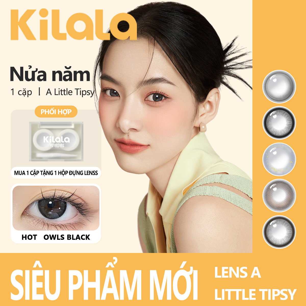 Kilala (2 miếng) Kính Áp Tròng lens mắt lens 6 tháng lens áp tròng nâu lens 14-14 5mm bự mắt A LITTLE TIPSY OWLS BLACK contact lens (0-300)
