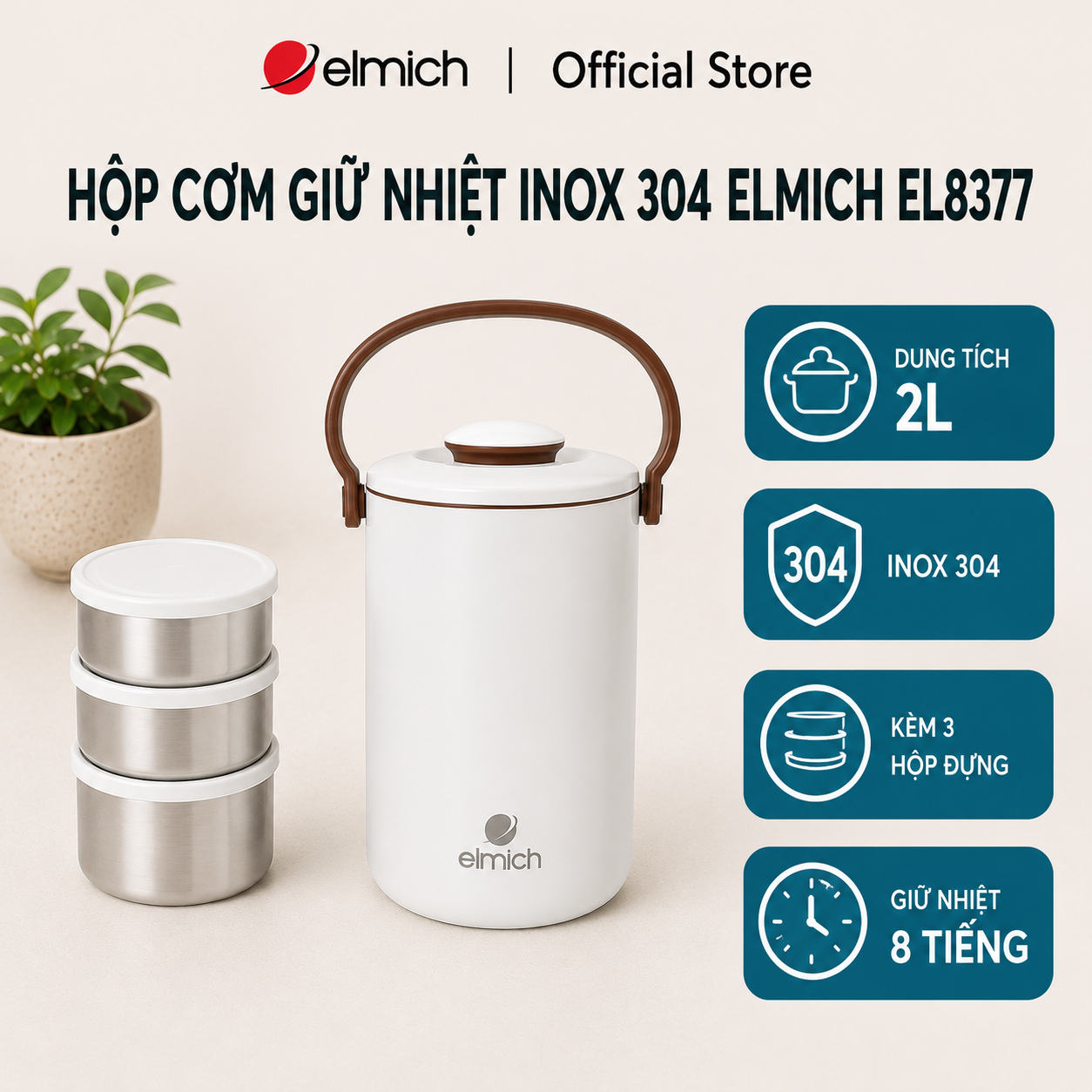 Hộp cơm giữ nhiệt inox 304 Elmich EL8377 dung tích 2L, màu trắng