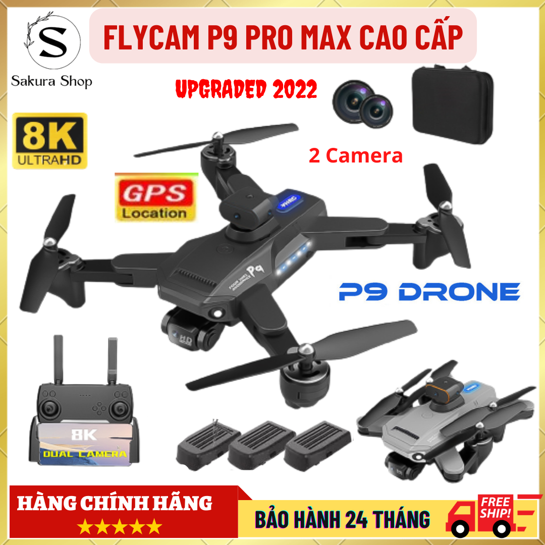 Flycam P9 Pro Max Mini Drone Máy Bay Điều Khiển Từ Xa 4 Cánh Play Camera Cao Cấp 2 Camera 12MP Pin Lithium 2500mAh bay 25-30 Phút Cảm Biến 4 Chiều Chống Rung Hàng Chính Hãng