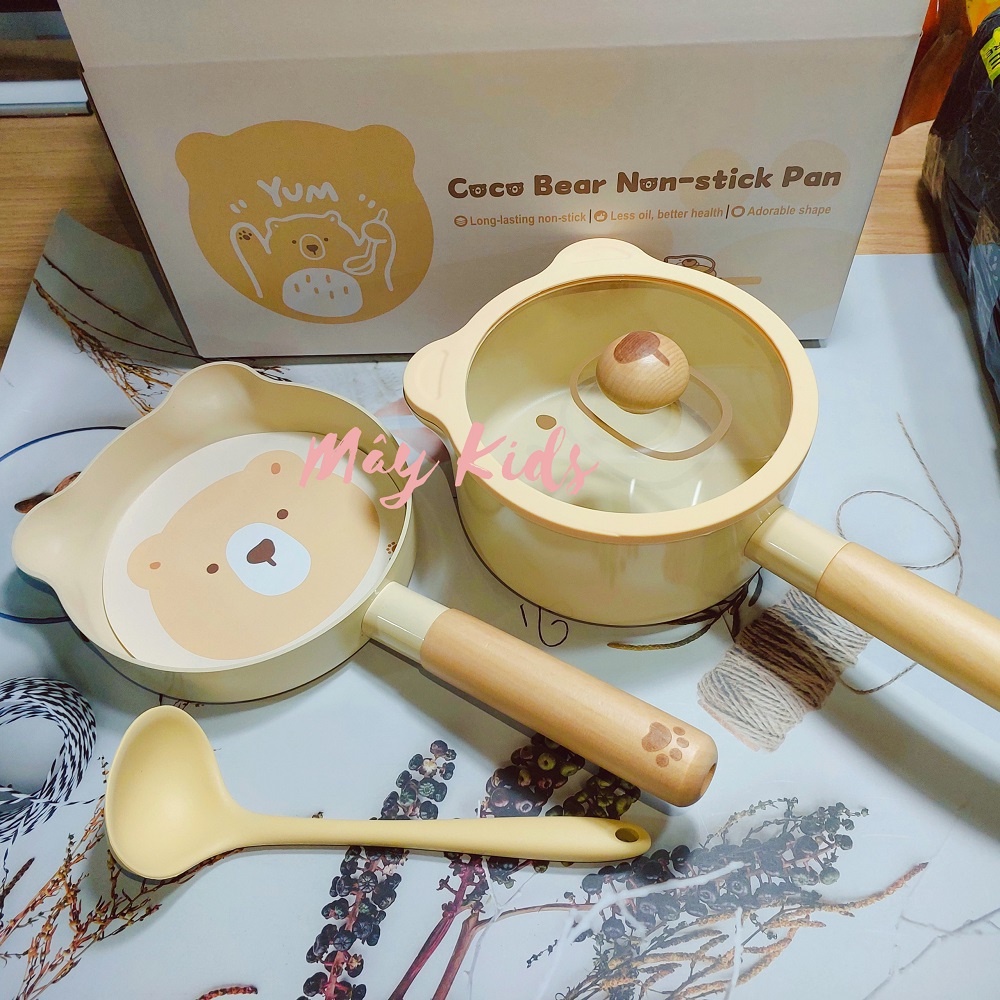 [KÈM QUÀ TẶNG] Bộ Nồi Chảo Gấu CoCo Bear Chống Dính Cho Bé, Đáy Từ Xịn Sò, Quấy Cháo, Chế Biến Món Ă