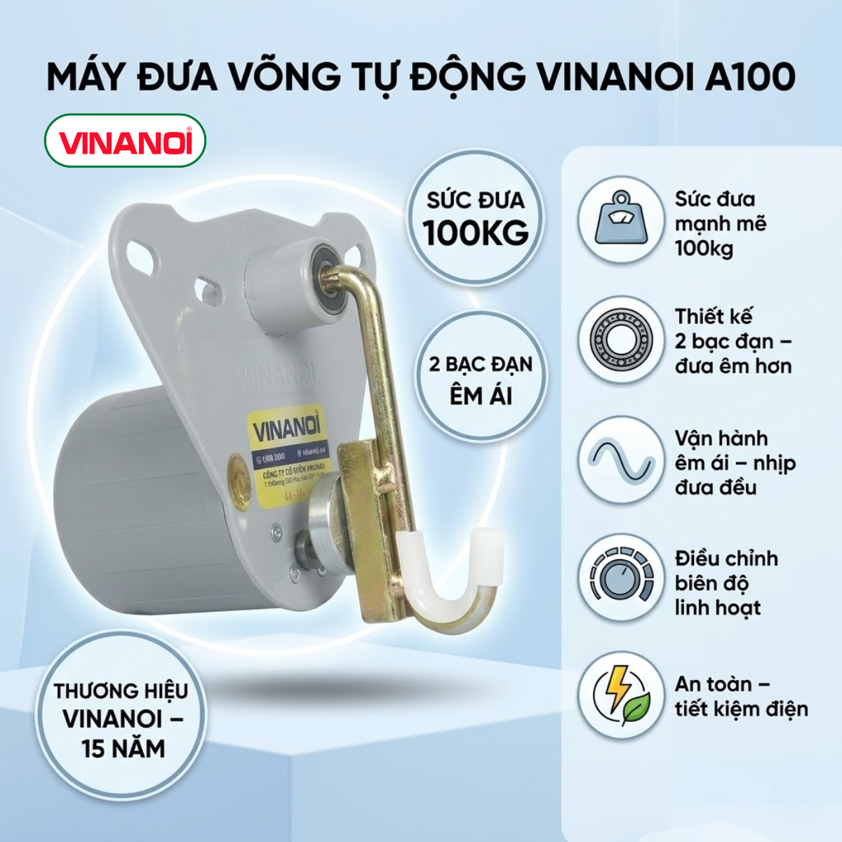 Máy Đưa Võng Tự Động VINANOI Chính Hãng – Thương Hiệu 15 Năm – Sức Đưa 80–100kg Cho Mẹ Và Bé – Motor Võng Êm Ái