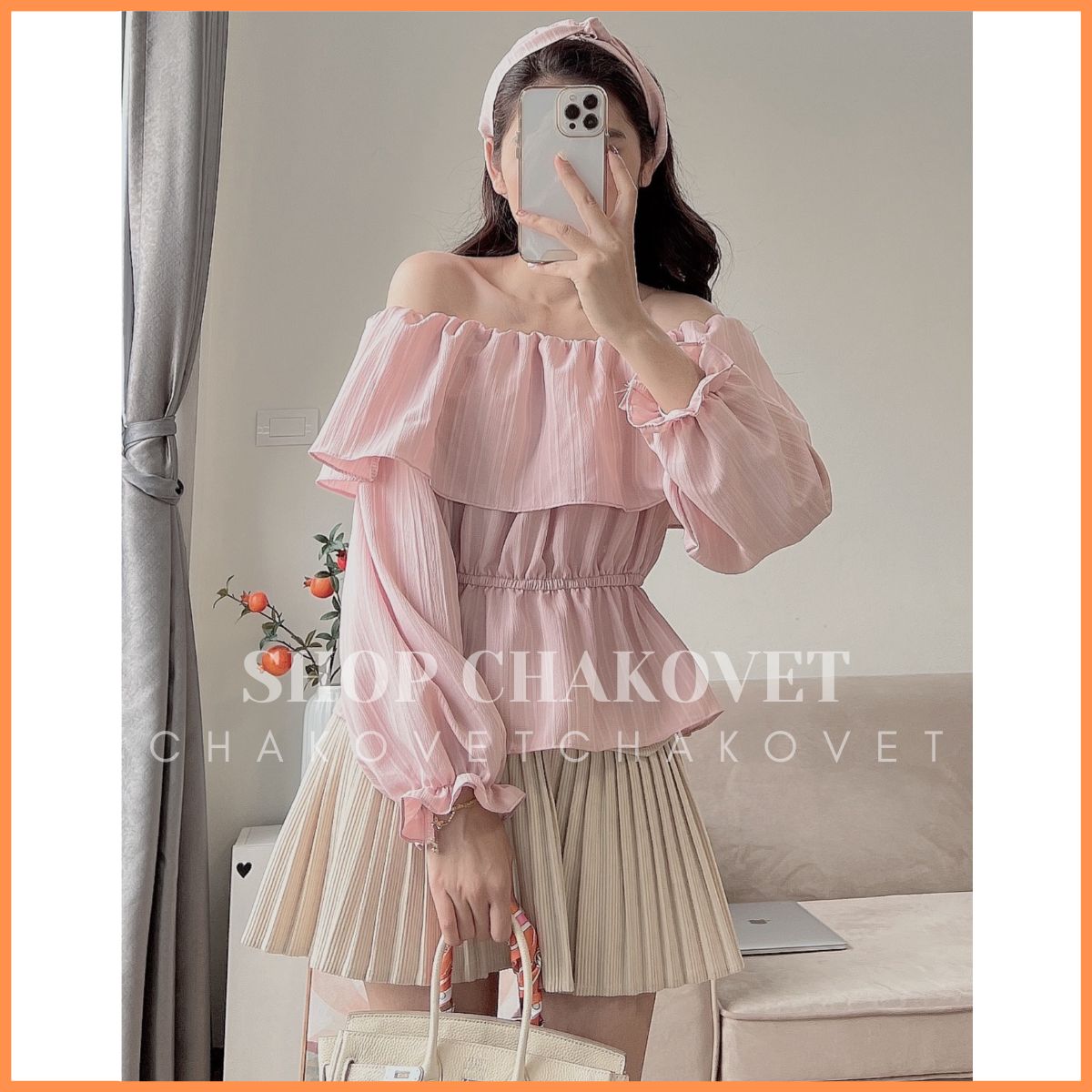 Ao Bèo Trễ Vai Dáng Ngắn Tiểu Thư Áo Thiết Kế Tay Phồng Bo Chun Cao Cấp Phong Cách Hàn Quốc- A.8608