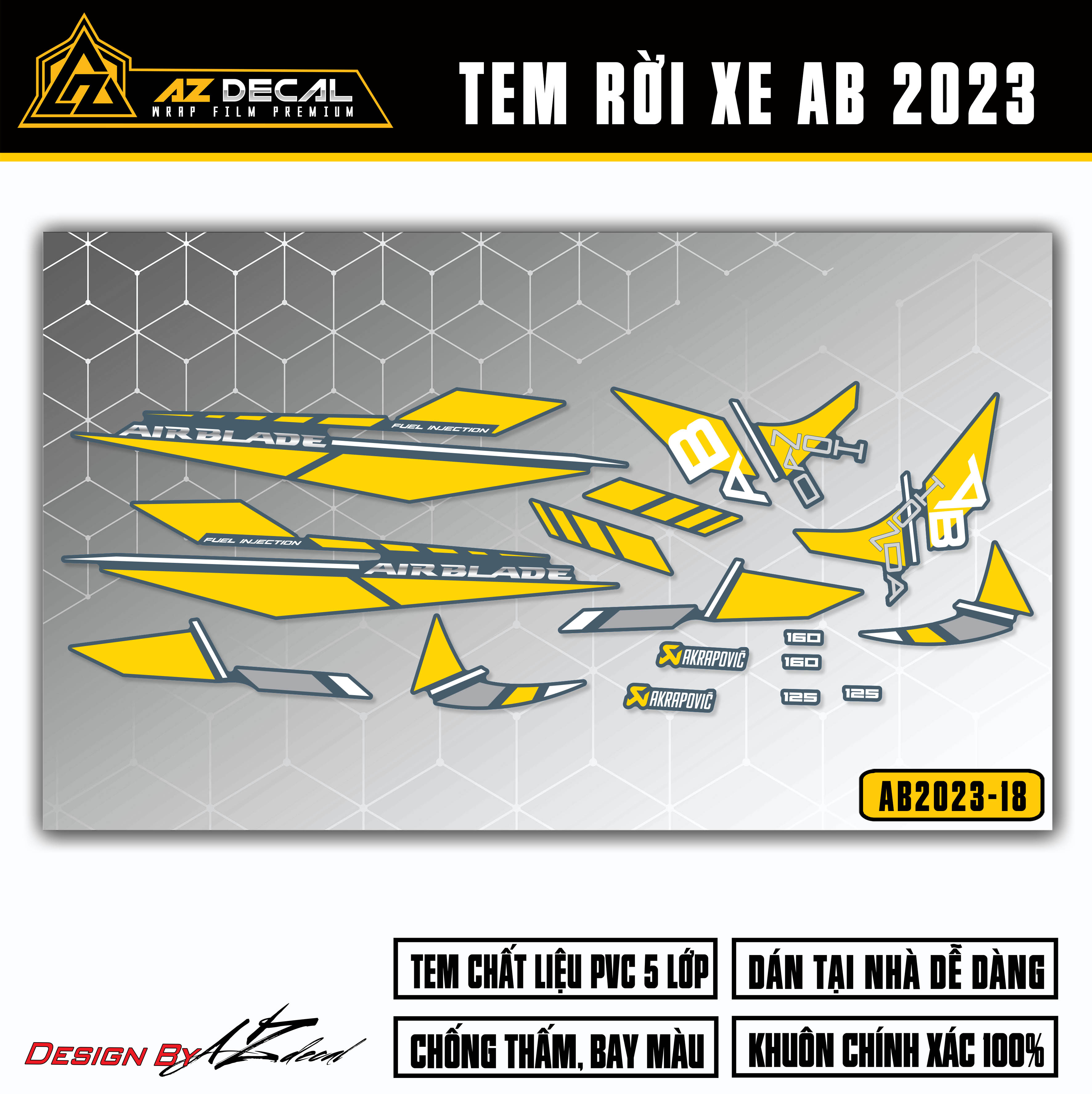 Tem AirBlade 2023 Mẫu Honda Akrapovic | AB2023-18 | Team Decal Hình Dán Xe Máy AB Air Blade 125 160 