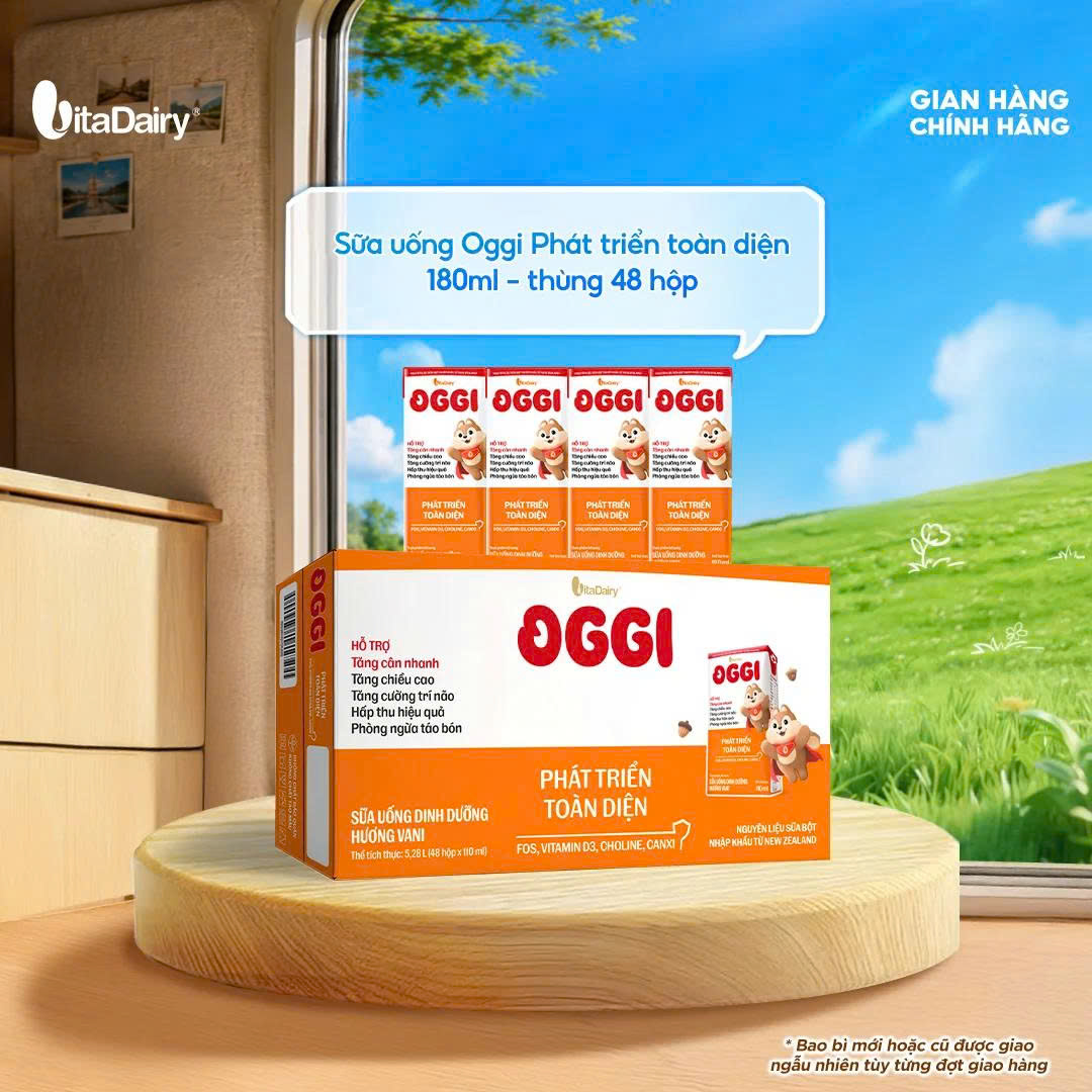 (HSD T2-2027) (MẪU MỚI) Thùng 24/ 48 Hộp Sữa Bột Pha Sẵn Oggi Hương Vani 180ml Phát Triển Toàn Diện.