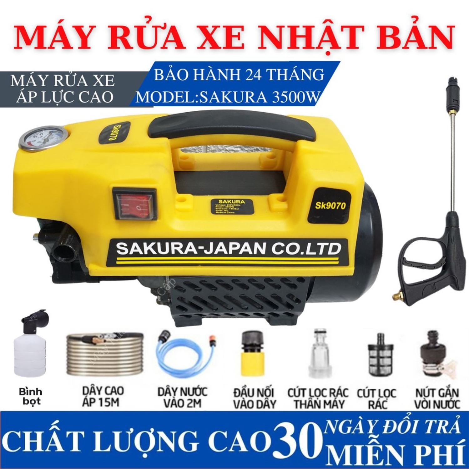 Máy rửa xe Sakura 3500W - Lõi đồng 100% - Máy rửa xe mini bảo hành 24 tháng - Máy xịt rửa gia đình t