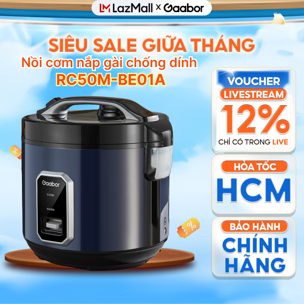 FLASH SALE Nồi cơm điện 5L Gaabor RC50M-BE01A 2.2L lòng nồi chống dính 700W 6-8 người ăn nắp gài n