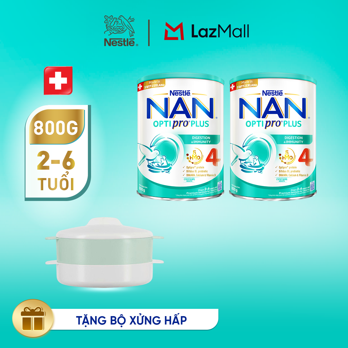 [Tặng Xửng hấp] Bộ 2 Lon Sữa bột Nestlé NAN OPTIPRO PLUS 4 với 5HMO xuất xứ Thụy Sĩ - Hộp 800g cho bé từ 2-6 tuổi - Sữa công thức dinh dưỡng cho trẻ giúp hỗ trợ tiêu hóa đề kháng trí não và phát triển toàn diện