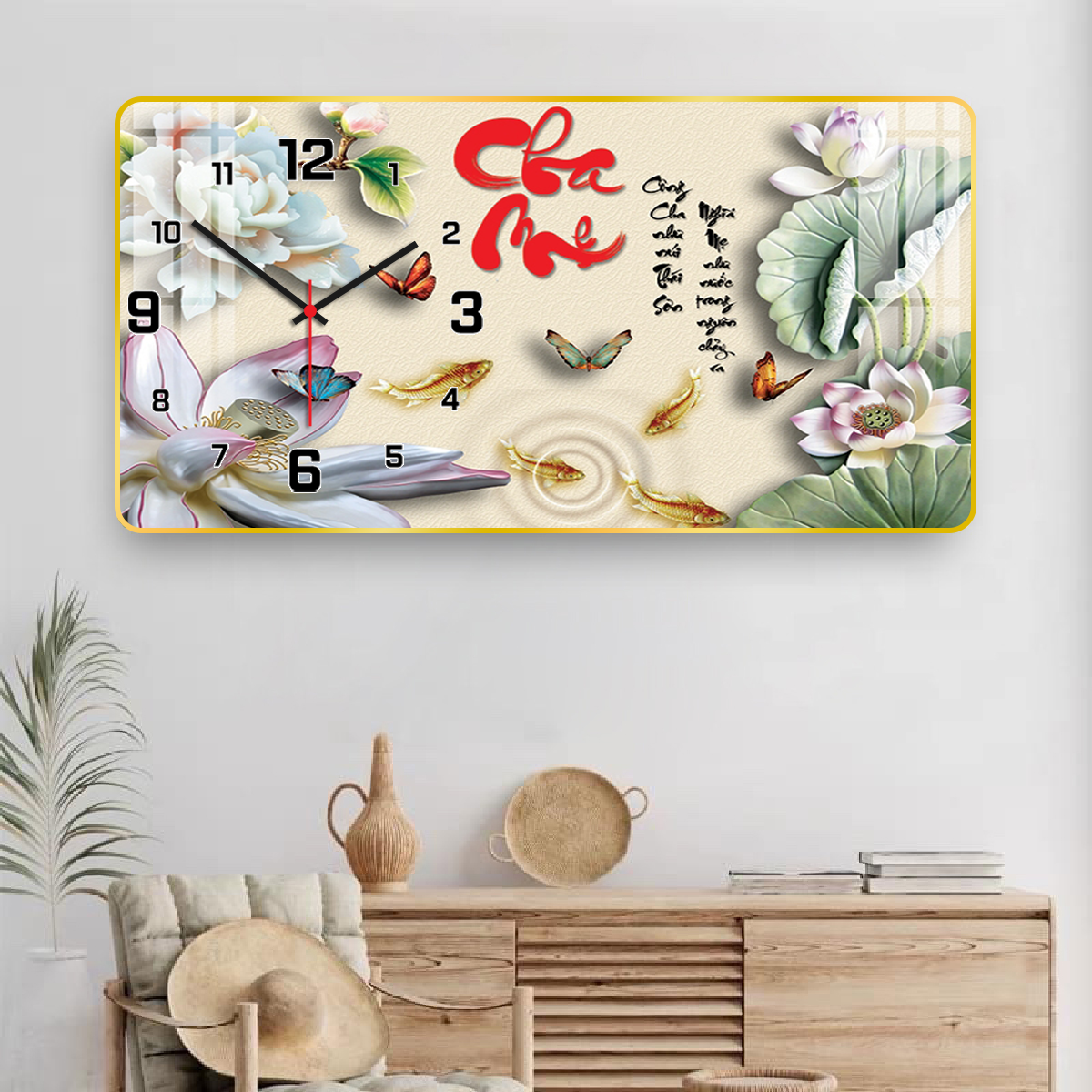 13 mẫu Tranh đồng hồ tráng gương Mẫu Thư Pháp Cha Mẹ trang trí phòng khách tranh đồng hồ treo tường kim trôi ( tặng kèm pin + đinh ba chân )