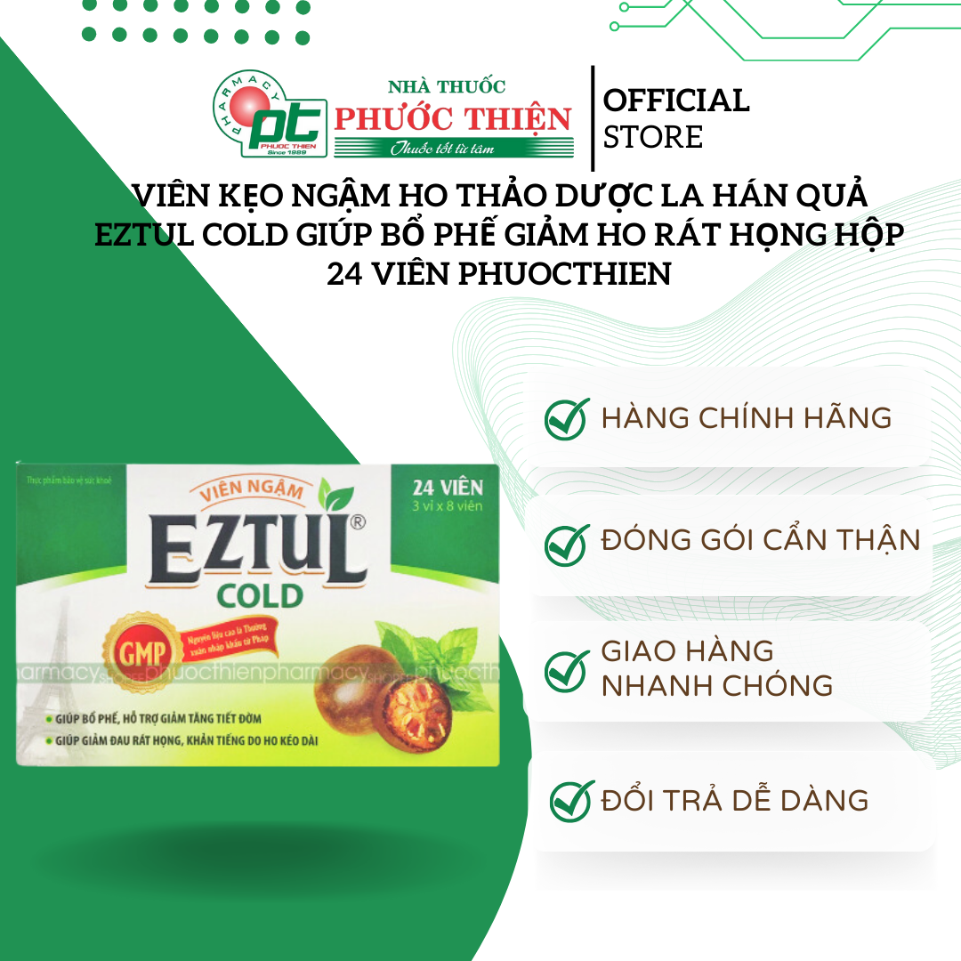 Viên kẹo ngậm ho thảo dược la hán quả Eztul Cold giúp bổ phế giảm ho rát họng Hộp 24 Viên