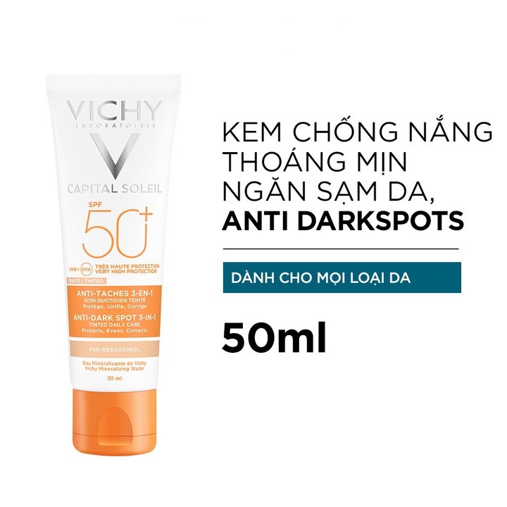 Kem Chống Nắng Vichy Ngừa Sạm Da Giảm Thâm Nám (Màu Da) Capital Soleil Anti - Dark Spot 3 - In - 1 Tinted Daily Care Spf 50 Uva + Uvb 50Ml - Hami Cosmetics