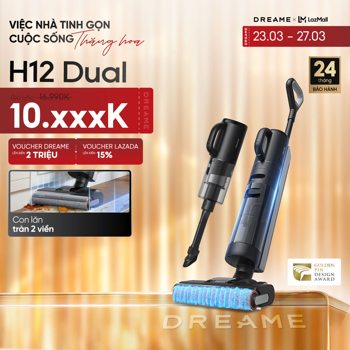 Máy hút bụi lau nhà Dreame H12 Dual - Kích thước 28x22x110cm, Dung lượng thùng rác 700mL