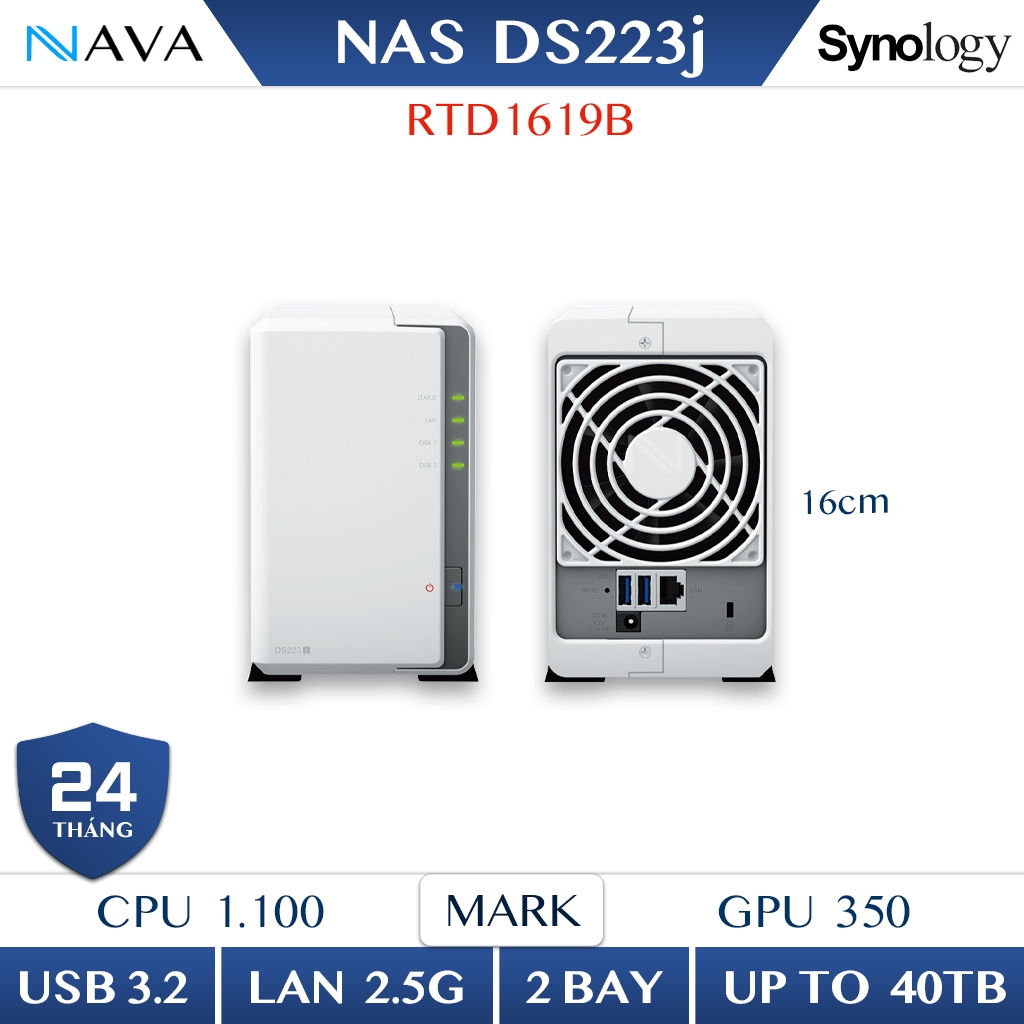 NAS Synology DS223j (2-Bay) Máy Chủ Lưu Trữ Gia Đình Đám Mây Ảnh Sao Lưu Dữ Liệu Cá Nhân Tiết Kiệm