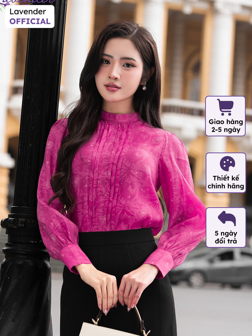 Áo sơ mi công sở nữ LAVENDER màu hồng đậm cổ trụ tay dài nền vải hoa chất liệu tơ đũi mềm 2 lớp A412
