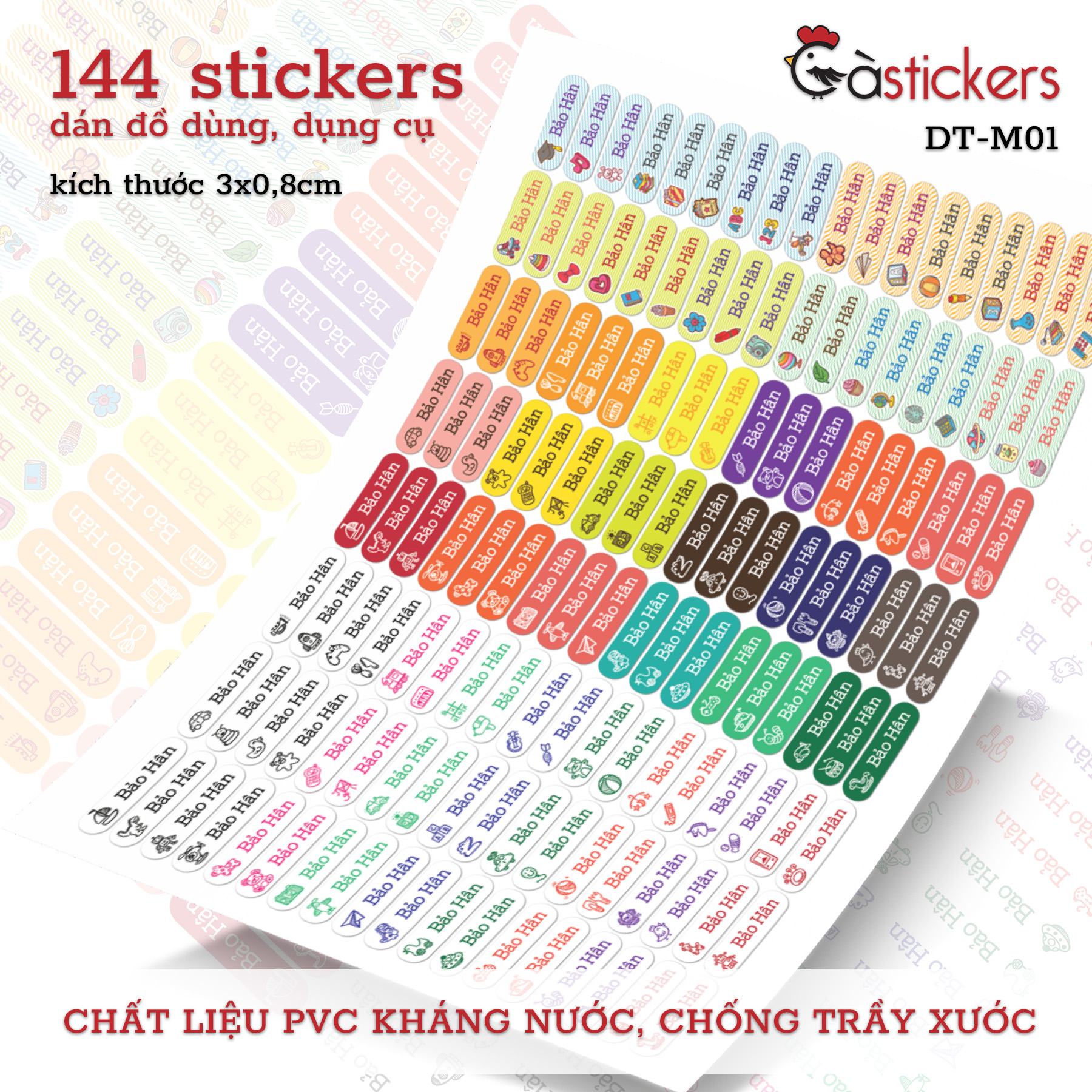 Bộ 144 Sticker Mini In Theo Tên Bé - Dán Dụng Cụ Đồ Dùng dán theo tên bé - DTM