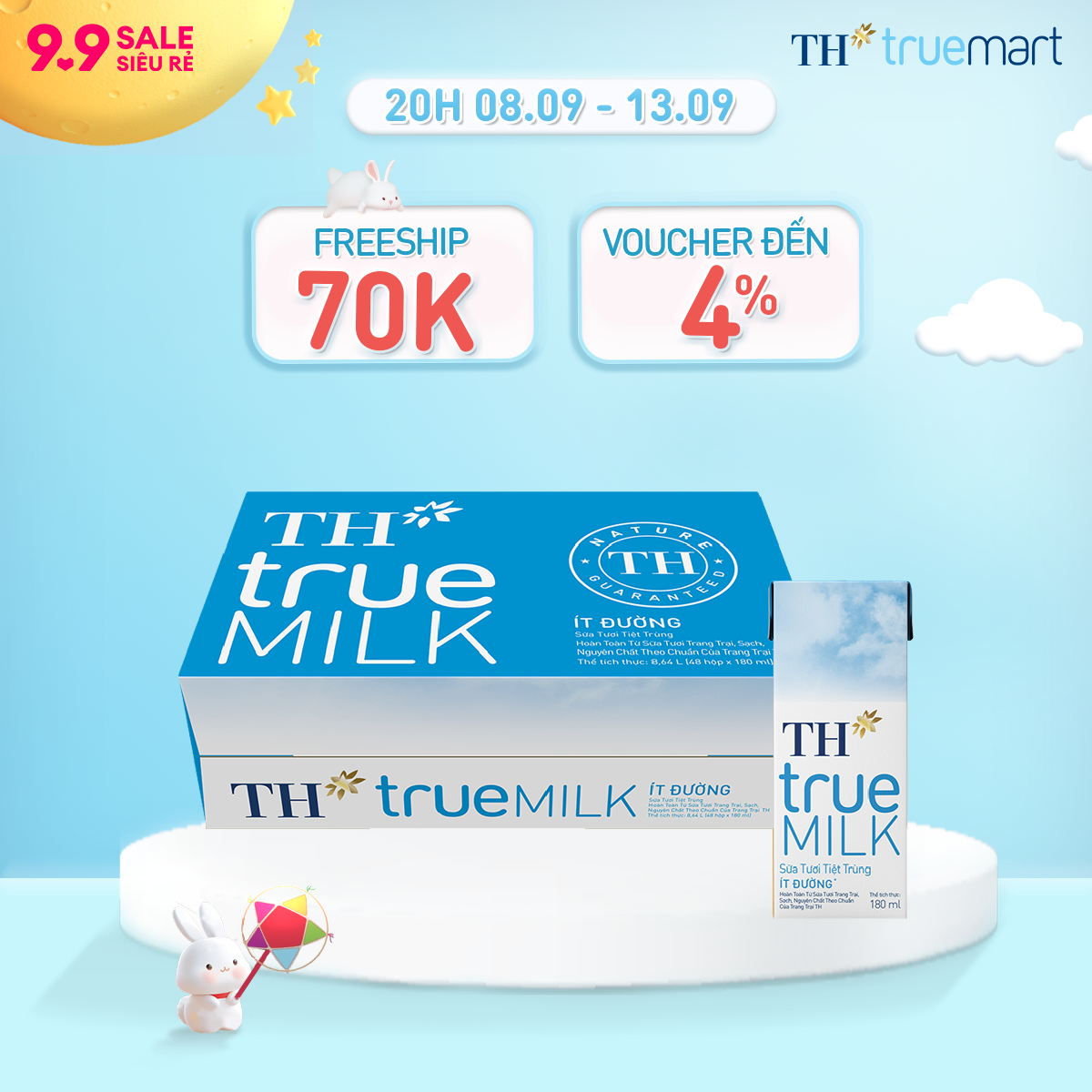 Thùng 48 hộp sữa tươi tiệt trùng TH true MILK ít đường 180 ml (180 ml x 48)