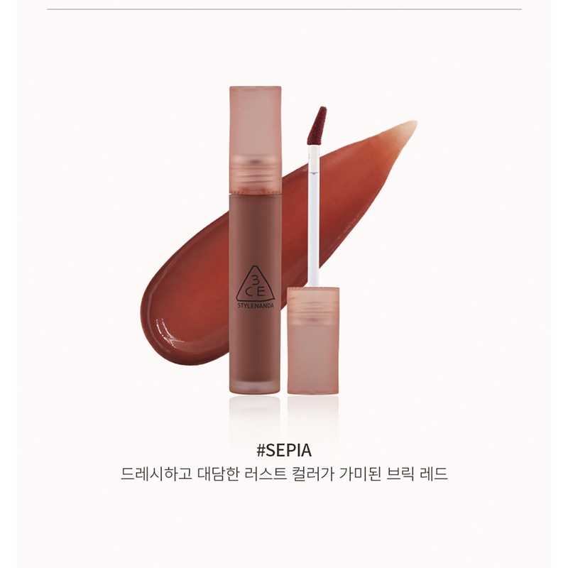 Son kem lì 3CE Blur Water Tint #Sepia - Màu Đỏ Gạch Đậm