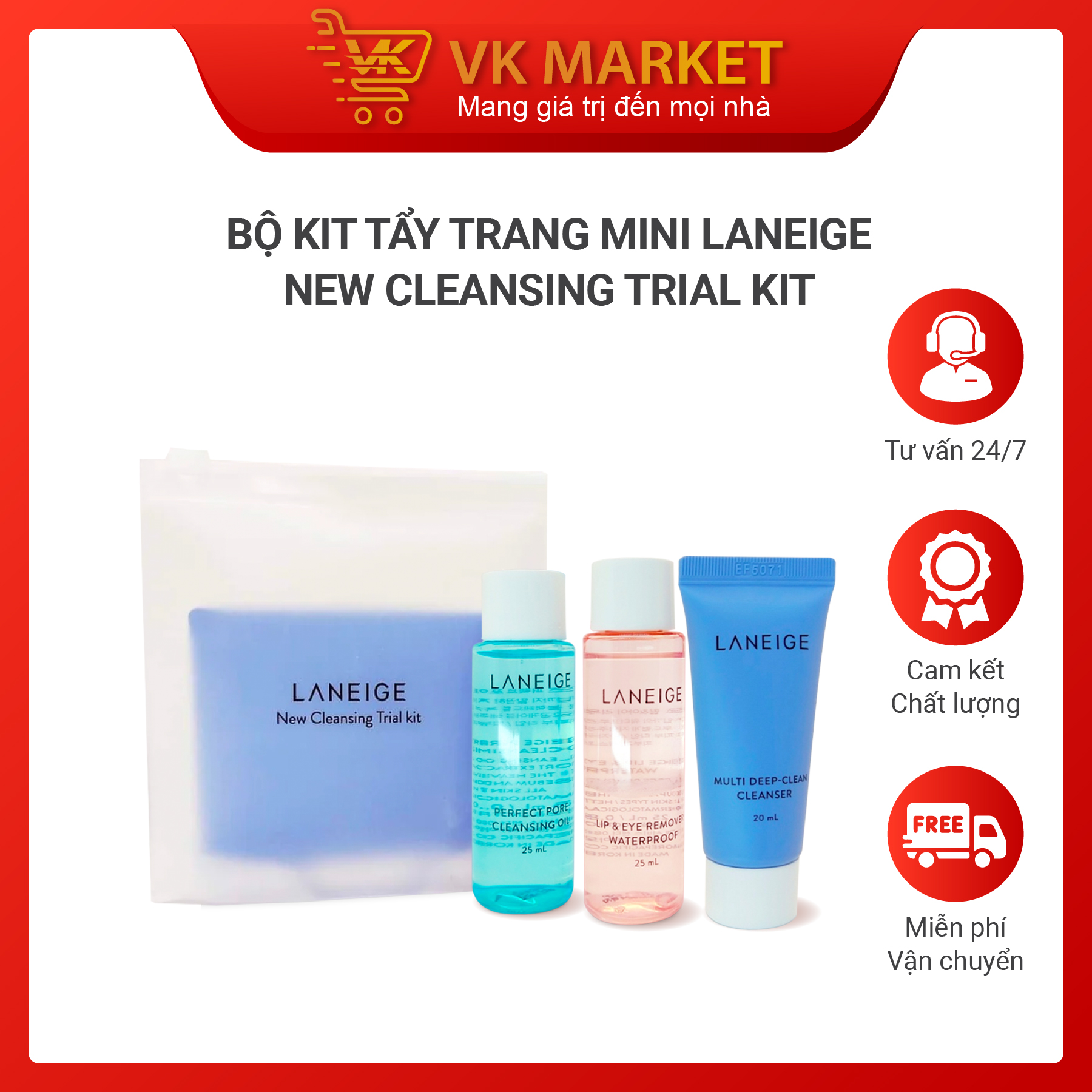 Set 3 món sữa rửa mặt tẩy trang mắt môi và mặt laneige New cleansing trial kit - VK Market