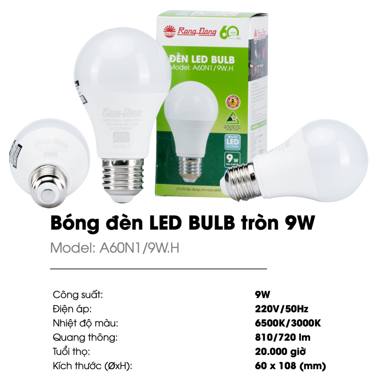 (Rạng Đông) Bóng đèn Led Bulb tròn 3W 5W 7W 9W 12W 15W 20W 30W Ánh sáng Trắng 6500K Vàng 3000K