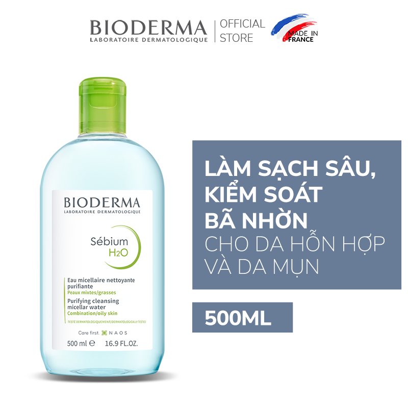 Dung dịch làm sạch và tẩy trang micellar cho da hỗn hợp da dầu và da mụn Bioderma Sebium H2O - 500ml