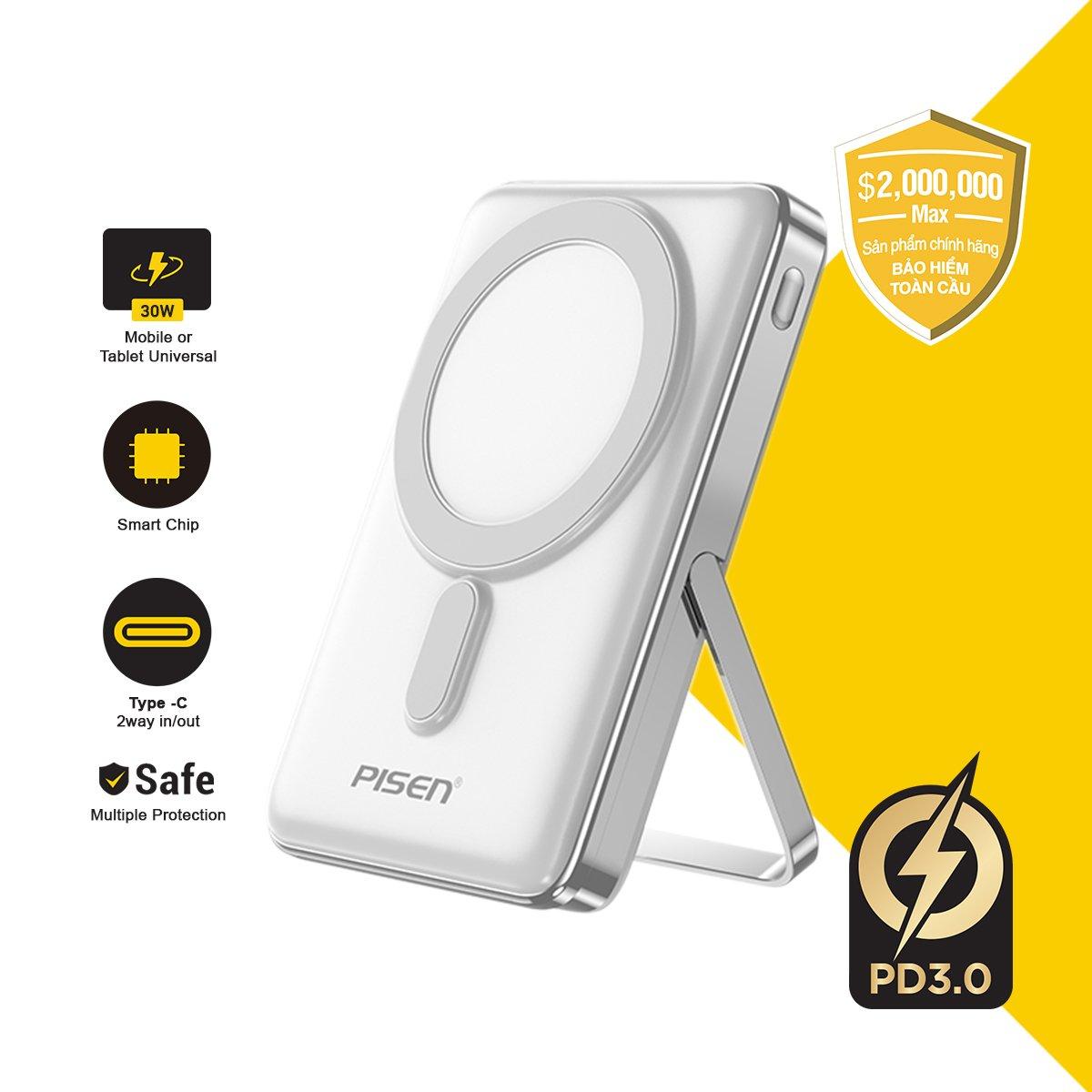 [PISEN] Sạc Dự Phòng Không Dây Siêu Nhỏ | Sạc Nhanh 30W 2 Chế Độ Sạc Có Chân Đỡ Thích Hợp Cho Các Sả
