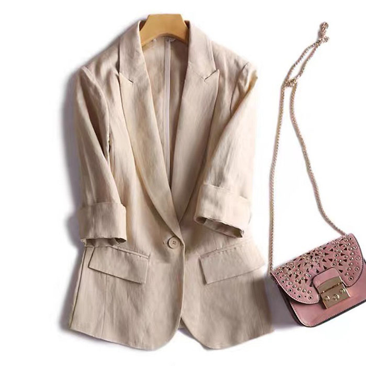 Áo vest blazer Linen nữ tay lỡ sắn túi bổ nắp trẻ trung chất vải linen bột Premium có 2 màu lựa chọn (Hồng phấn Be)