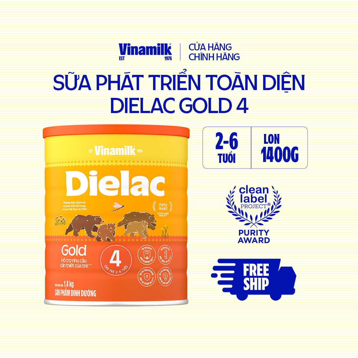 Sữa Bột Vinamilk Dielac Gold 4 hộp 1400g (Cho Trẻ Từ 2- 6 tuổi) - Sữa công thức hỗ trợ phát triển trí não của trẻ tăng cân chiều cao