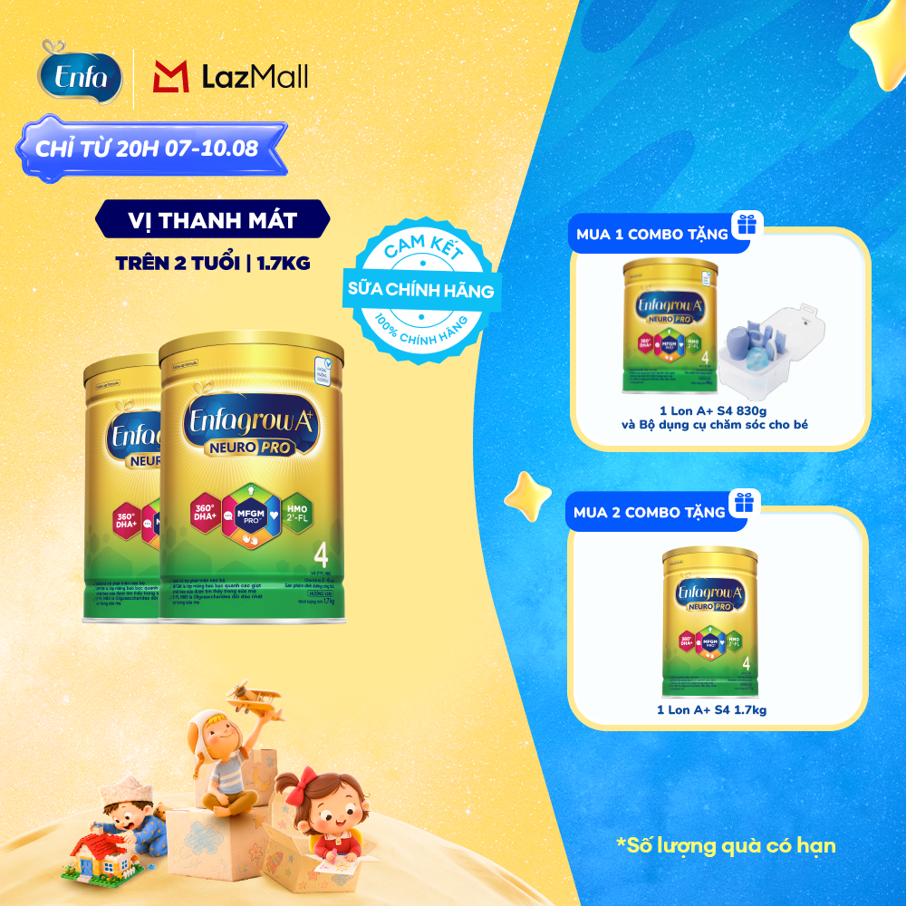 [TỪ 20H 07/08-10/08 MUA LÀ CÓ QUÀ] Bộ 2 lon sữa bột Enfagrow A+ Neuropro 4 với DHA giúp phát triển não bộ cho trẻ từ 2-6 tuổi - 1.7kg/lon
