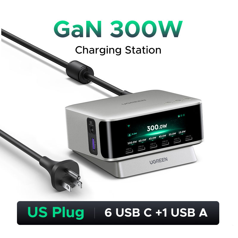 UGREEN 300W Max 6C1A 1DC 8-Port GaN Desktop Fast Charger APP Remote Control Smart Charging Station with OTA Function 6 USB-C 1 USB-A 1 DC Wall Charger for IPhone 17 MacBook IPad Pro Samsung S26 Ultra 60W SPC3.0