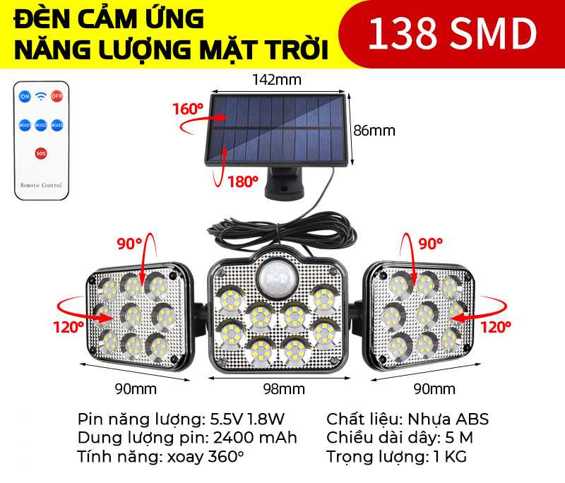 Đèn năng lượng mặt trời cảm biến người ATH LIGHTING loại đèn cảm biến hồng ngoại thông minh với nhiều chế độ sáng kèm thiết bị điều khiển từ xa