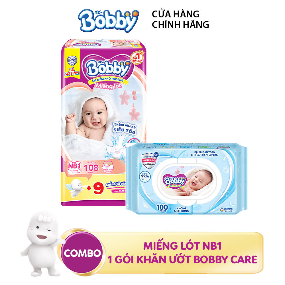 Combo 1 gói Miếng lót sơ sinh Bobby Newborn NB1 - 108 miếng và 1 gói Khăn ướt trẻ em Bobby Care Khôn