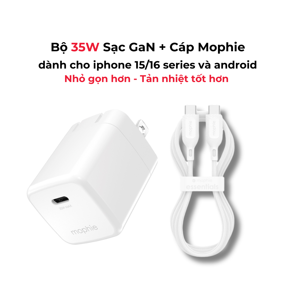 Combo sạc nhanh Mophie PD 30W cho iPhone/iPad (Sạc Mophie Essentials PD 30W USB-C và Cáp Mophie Esse