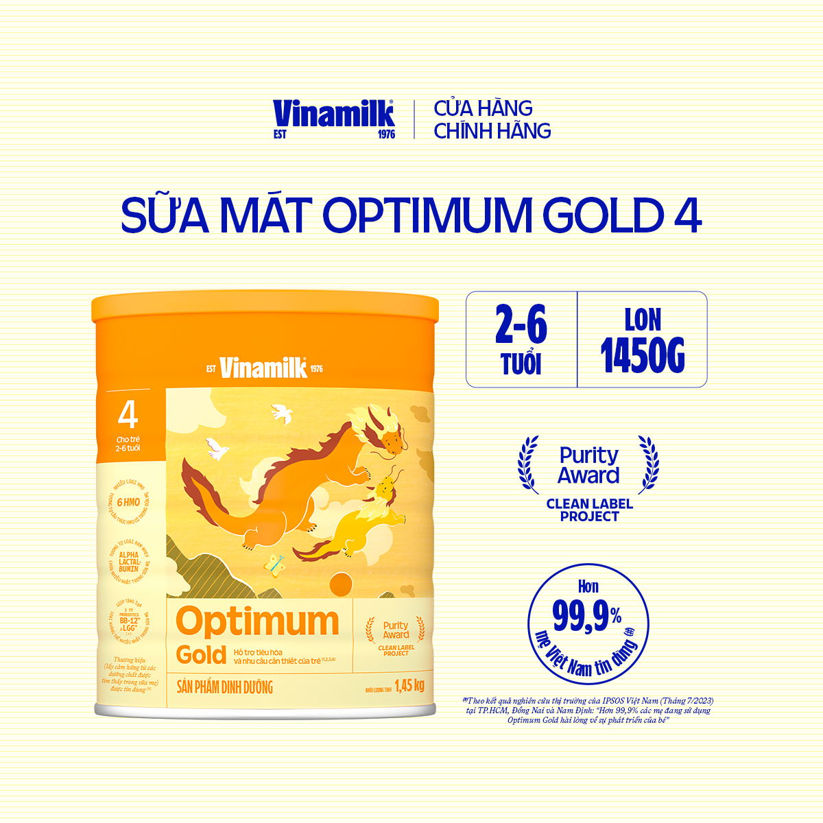 Sữa bột Vinamilk Optimum Gold 4 Hộp thiếc 1450g (cho trẻ từ 2- 6 tuổi) - Sữa công thức Chất lượng qu