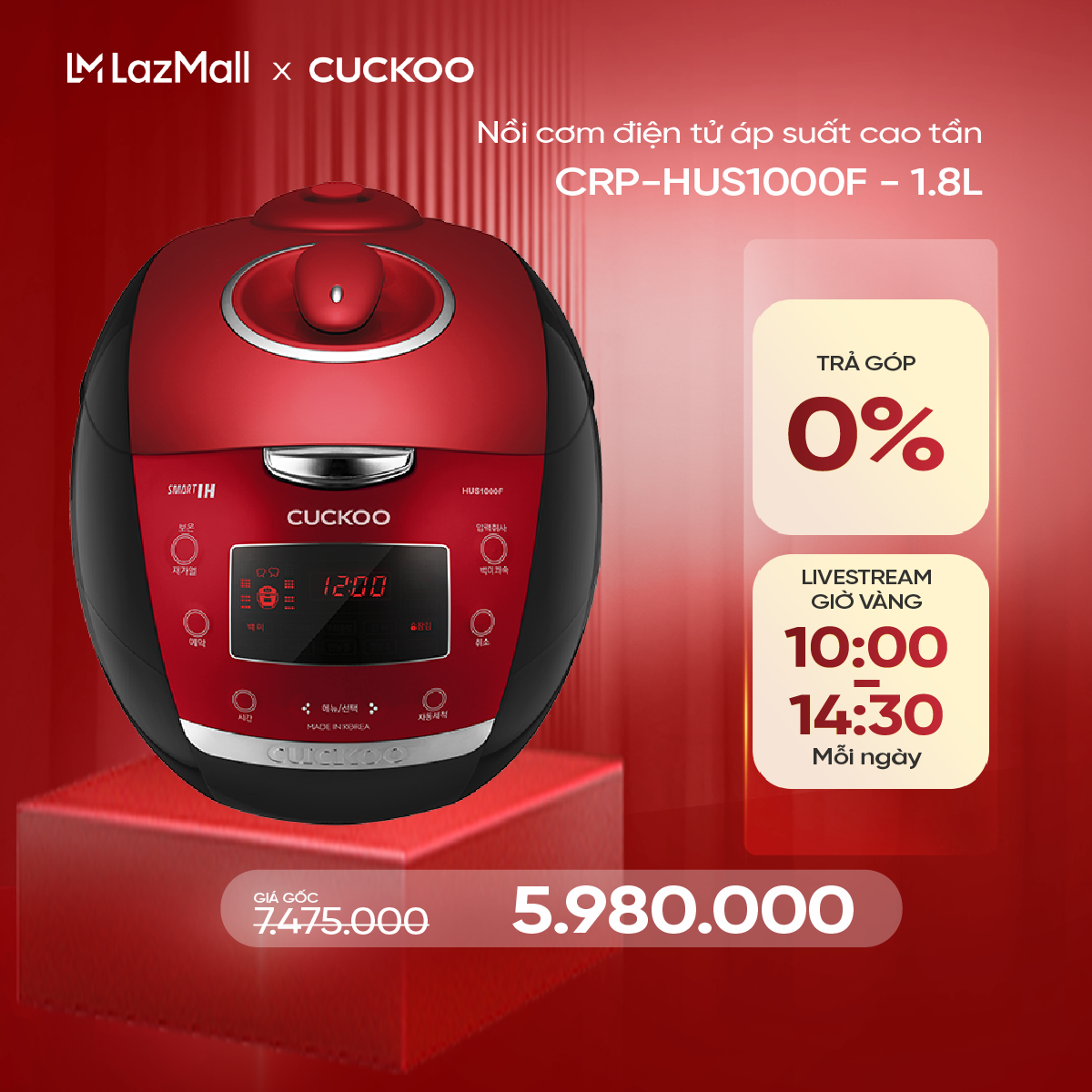 Nồi cơm điện tử áp suất cao tần Cuckoo 1.8 lít CRP-HUS1000F màu đỏ- lòng nồi chống dính cao cấp phủ