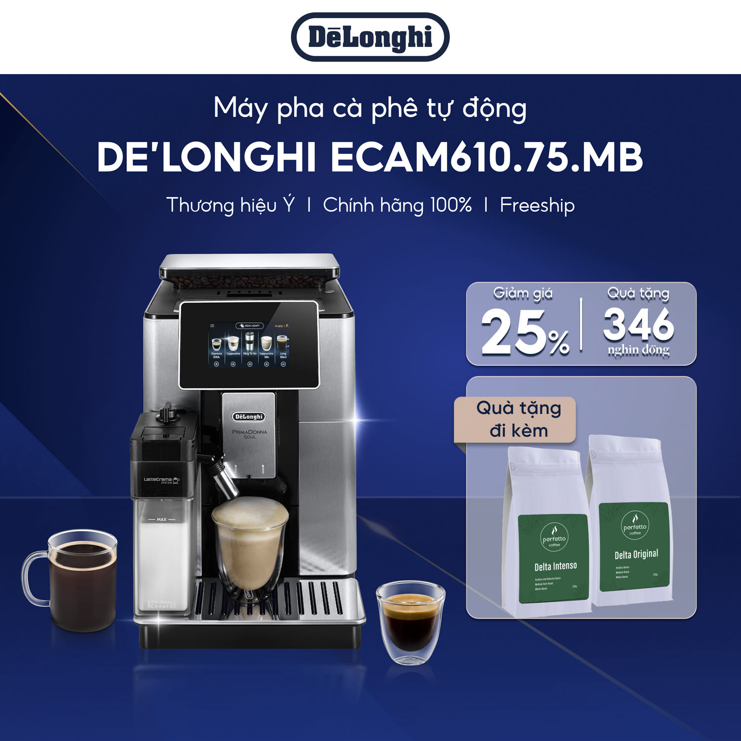 Máy Pha Cà Phê Tự Động DeLonghi PrimaDonna Soul ECAM610.75.MB - Đen Bạc, 2200ml