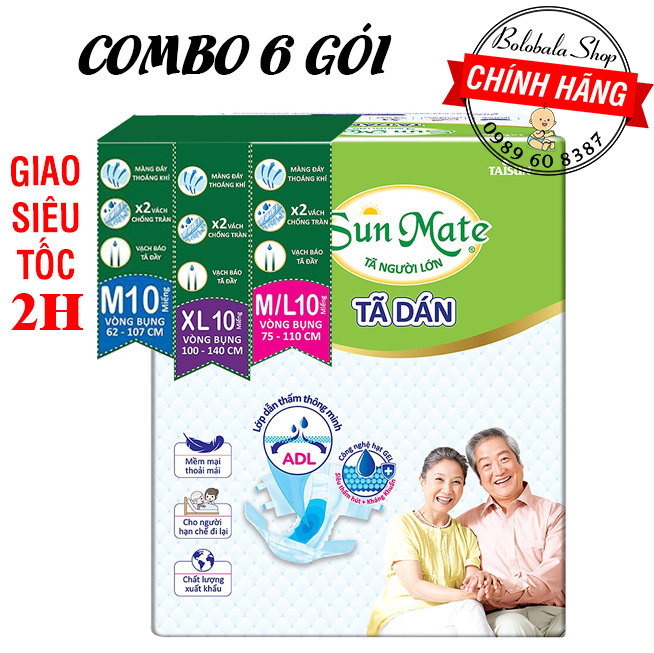 Combo 6 Tã Dán Người Già Sunmate Size M10/M - L10/L - Xl10 Miếng