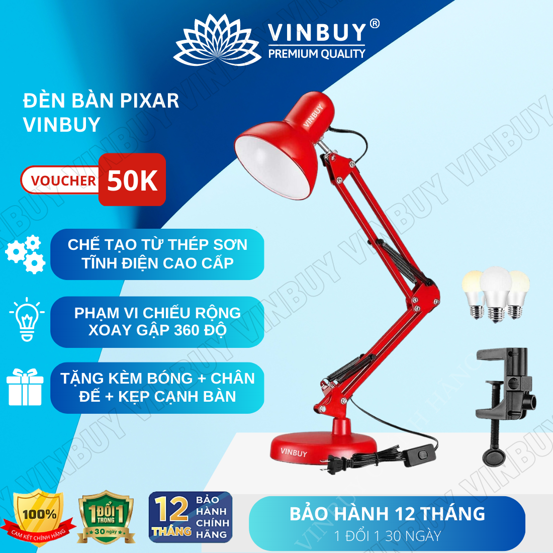 Đèn pixar đèn bàn học chống cận thị đèn làm việc để bàn bảo vệ mắt tặng đế kẹp cạnh bàn 01 bóng đèn - Hàng chính hãng Vinbuy