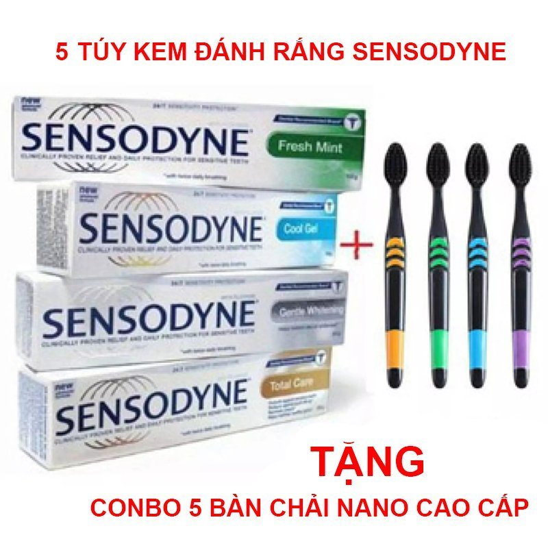 [ Siêu Sale ] Combo 5 Tuýt Kem Đánh Răng Sensodyne Chống Ê Buốt Tặng 5 Bàn Chải Than Hoạt Tính