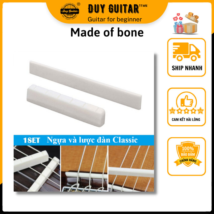 1 Bộ Ngựa và lược đàn guitar Classic bằng xương - Nut and Bridge bone guitar Classic - Cho âm thanh ra trung thực và tốt hơn - Duy Guitar Store