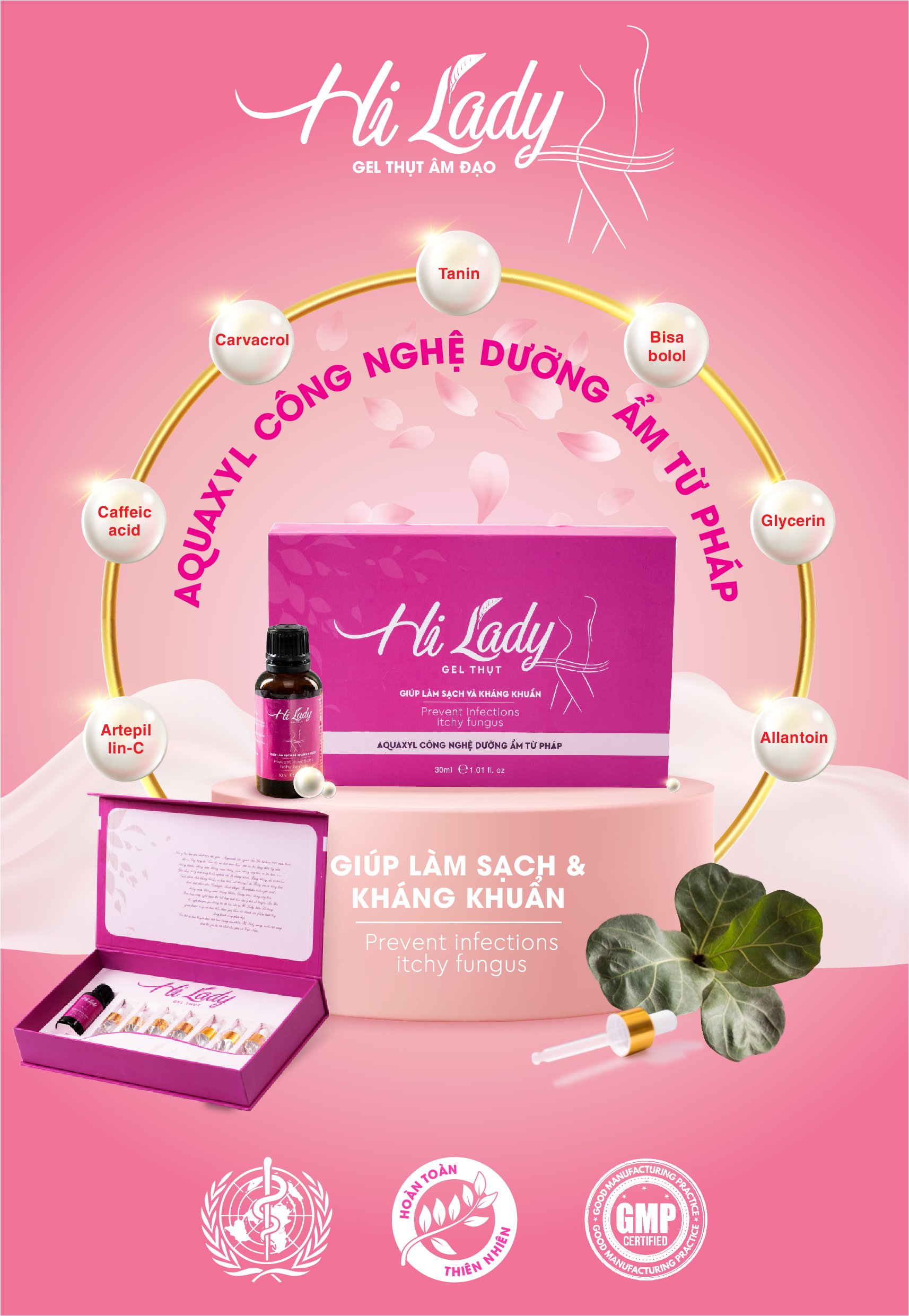 Gel Đặt Phụ Khoa Hilady - Giúp Làm Sạch Kháng Khuẩn - Công Nghệ Aquaxyl Dưỡng Ẩm Từ Pháp - Lọ 30Ml
