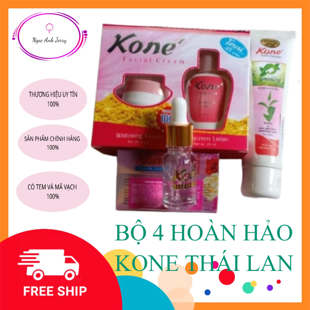 Bộ 4 Se Rum Dưỡng Trắng - Kem Face Kone - Nước Hoa Hồng - Sửa Rửa Mặt Trà Xanh Kon.ne Hết Mụn Da Mịn Màng Dành Cho Cả Nam Và Nữ Tiet Kiem (Chính Hãng Kone Thái Lan 100% - Miễn Ship)