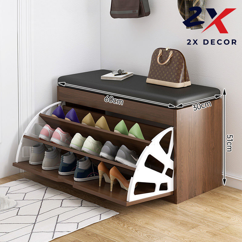 2X Decor - Tủ Giày Gỗ Thông Minh Cánh Lật Siêu Gọn 3 Ngăn Kèm Ghế Đệm Da  - 2X061