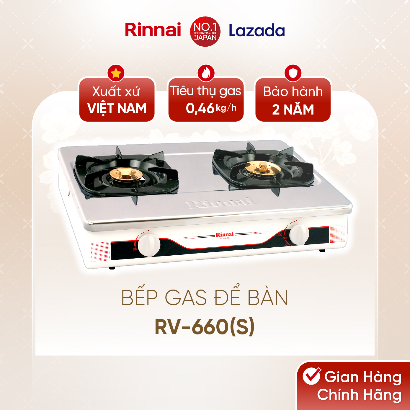 Bếp gas dương Rinnai RV-660(S) mặt bếp inox và kiềng bếp men - Hàng chính hãng.