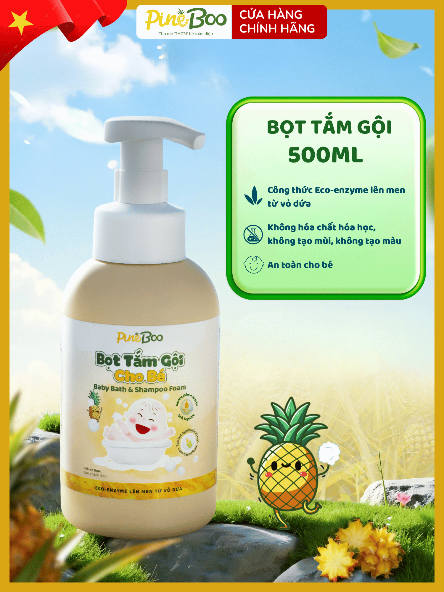 Bọt Tắm Gội Cho Bé PineBoo 500ml – Enzyme Dứa Tự Nhiên An Toàn Cho Bé Sạch Lành Dịu Nhẹ