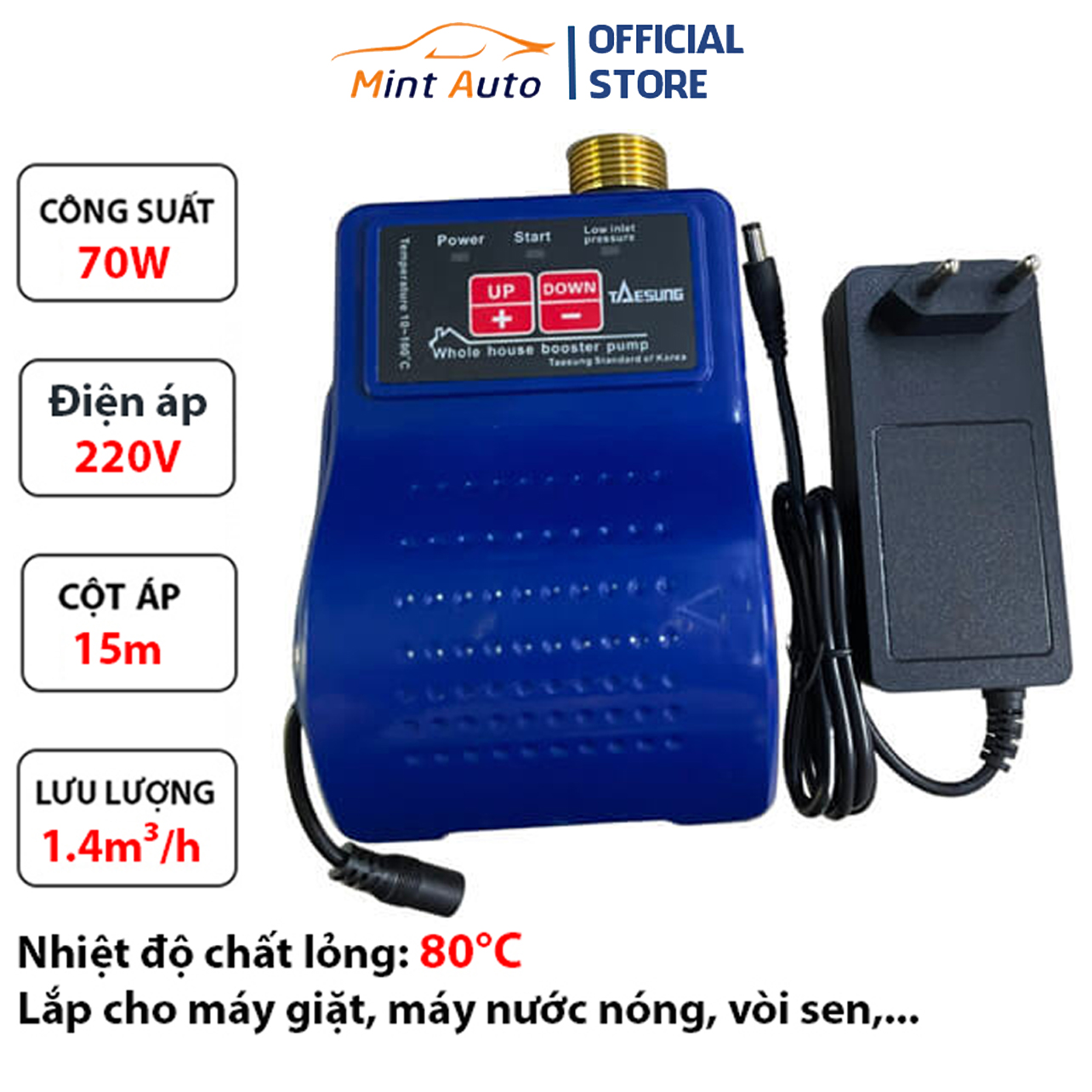 Máy bơm nước tăng áp thông minh mini 24V Taesung TSB-24 (70W) không gây ồn tuổi thọ cao chuyên dùng 