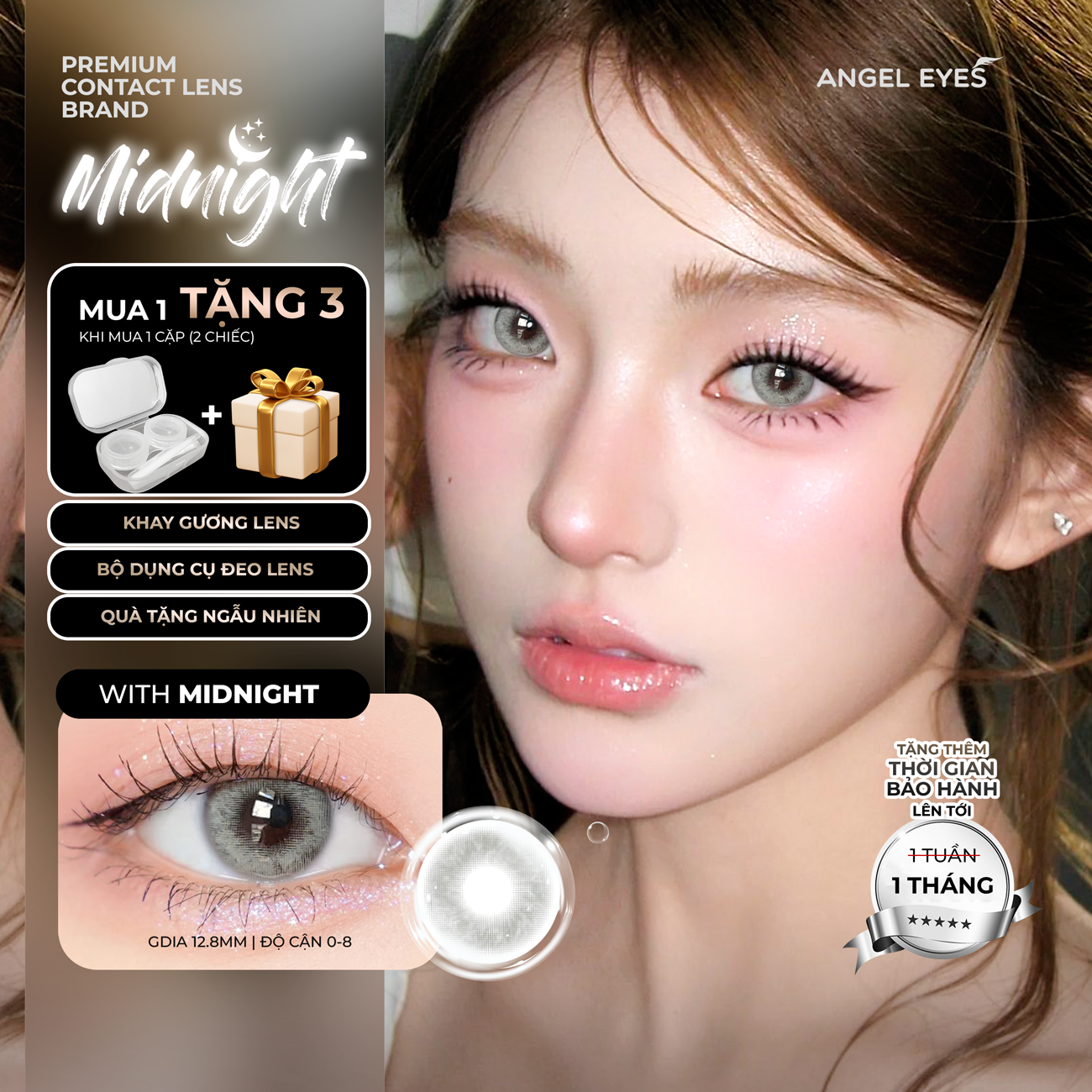 Lens áp tròng xám tây Angel Eyes Midnight có cận | GDia 12.8 | Độ cận 0-8