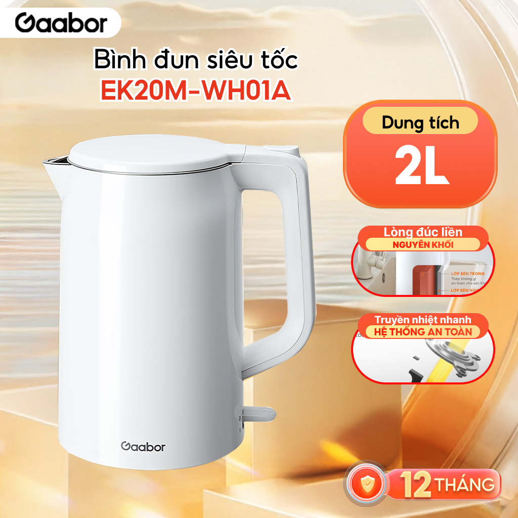 Ấm đun nước siêu tốc Gaabor EK20M-WH01A dung tích lớn 2L công suất 1500W lòng ấm inox 304 - Bảo hành