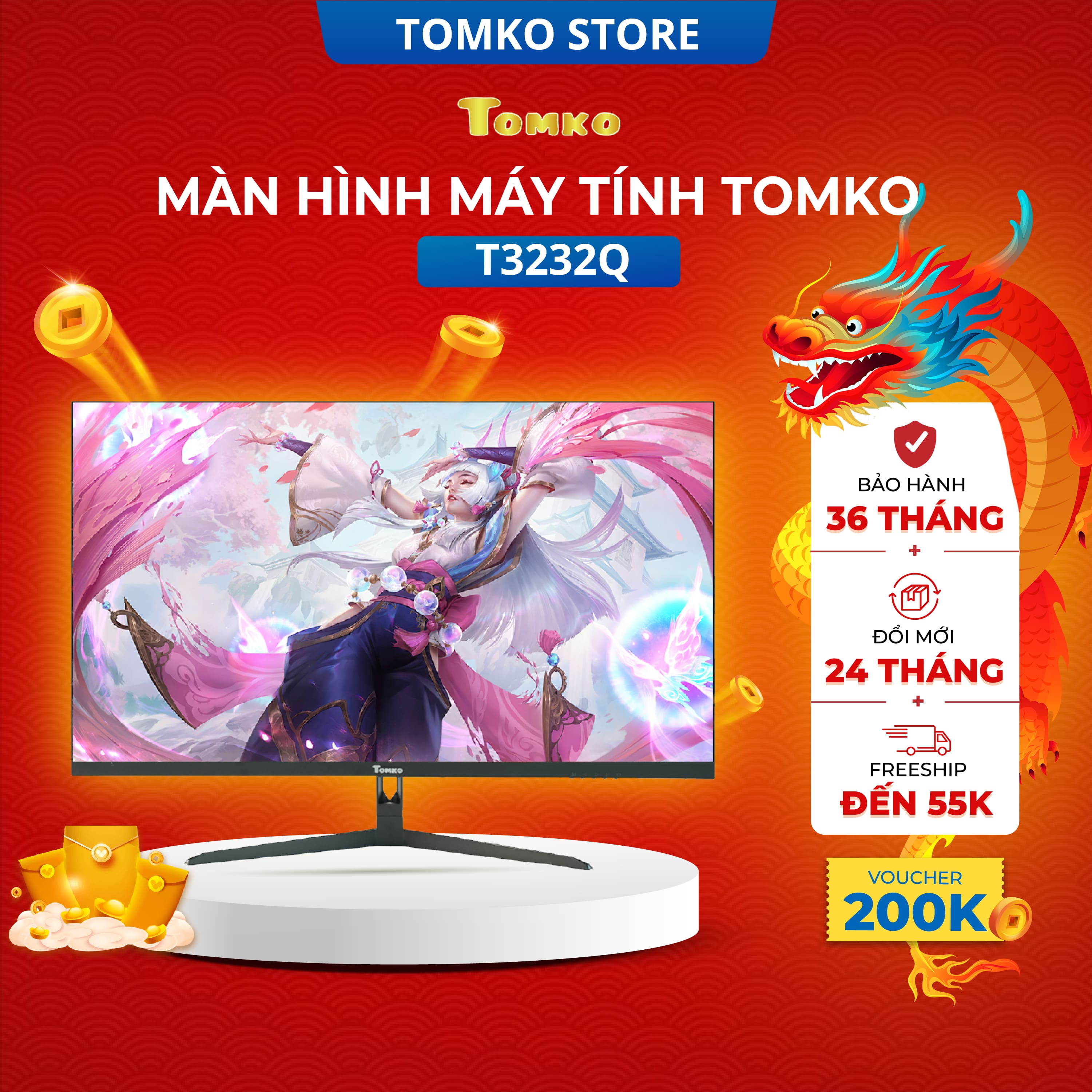 Màn hình máy tính 32 inch Tomko T3232Q - 2K full 3 viền Tần số quét 75HZ Tấm nền IPS  Hàng chính hãn