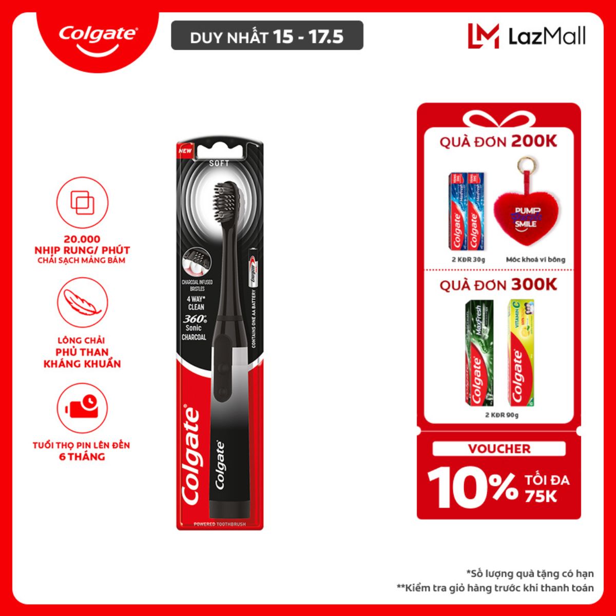 Bàn chải điện Colgate 360 Sonic Charcoal - Thiết kế hiện đại, lông chải phủ than kháng khuẩn